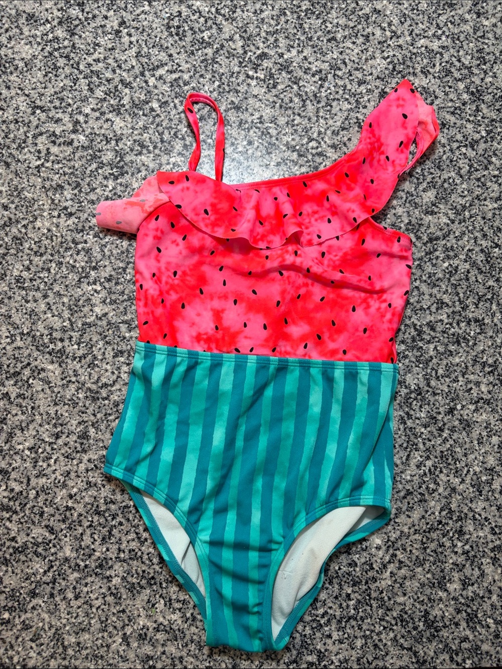 Cat & Jack Pink Watermelon One-Shoulder Kids Swimsuit with Teal Stripes